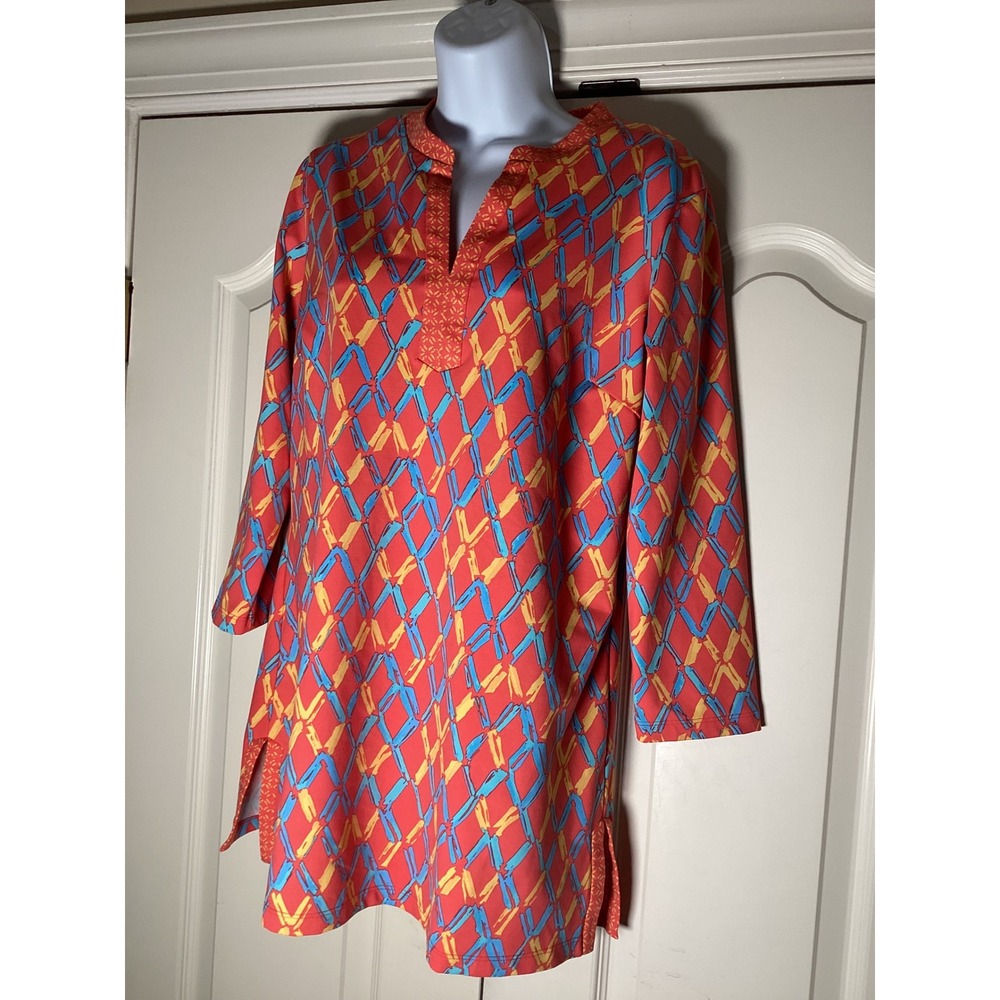 J.McLaughlin Catalina Cloth Tunic Top Coral Blue Geometric Lattice Print Large